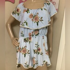 Floral Romper XL Off The Shoulder Ruffled Sleeve White Tassels Blue Pink
